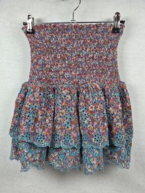 Ramy Brook New York Strapless Smocked Floral Peplum Top Mini Skirt Eyelet Ruffle